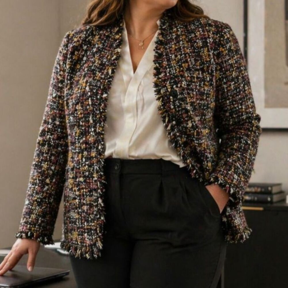 Dennis Basso Tweed Blazer 18W Boucle Fringe Luxe Textured Jacket Quiet Luxury
